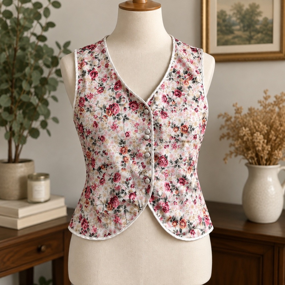 Vintage Kathryn Floral Print Vest Pink Rose Satin Trim Cottagecore Waistcoat